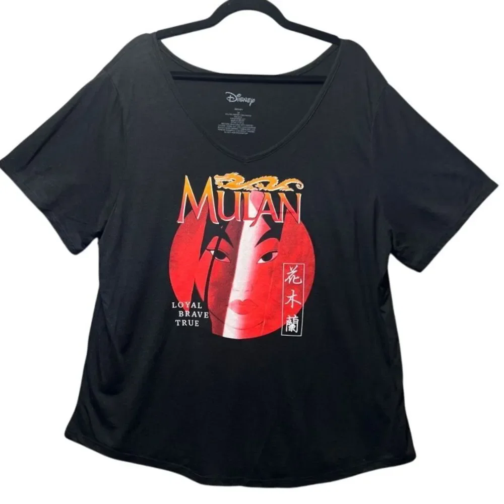 Disney‎ Mulan Graphic T-Shirt 3X Black V-Neck Short Sleeve Plus Size Top